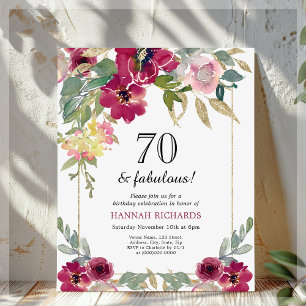 Burgundy Pink Floral 70e verjaardag Uitnodiging
