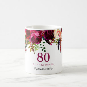 Burgundy Pink Floral 80th Birthday Guest Gift Koffiemok