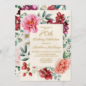 Burgundy Pink Floral 80th Birthday Uitnodiging (Voorkant / Achterkant)