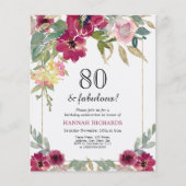 Burgundy Pink Floral 80th Birthday Uitnodiging (Voorkant)