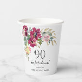 Burgundy Pink Floral 90th Birthday Papieren Bekers (Voorkant)