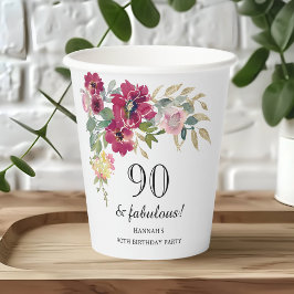 Burgundy Pink Floral 90th Birthday Papieren Bekers