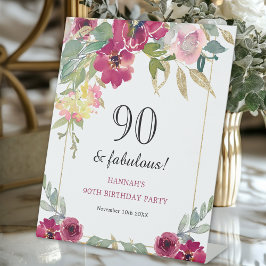 Burgundy Pink Floral 90th Birthday Reclamebord Met Voetstuk