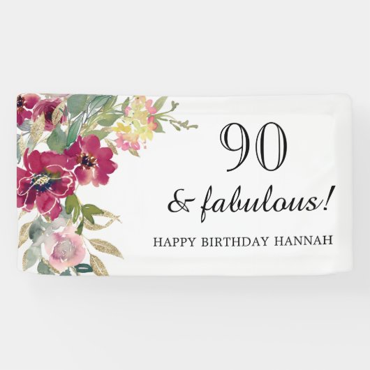 Burgundy Pink Floral 90th Birthday Spandoek (Horizontaal)