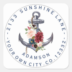 Burgundy Pink Floral Anchor Circular Address Label