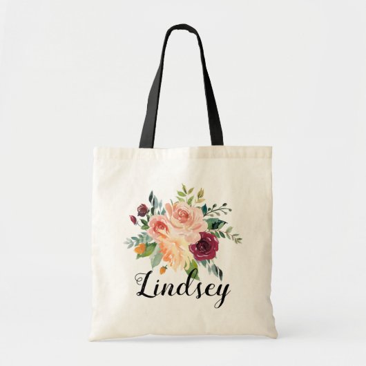 Burgundy Pink Floral Bouquet Bridesmaid Name Tote Bag (Voorkant)
