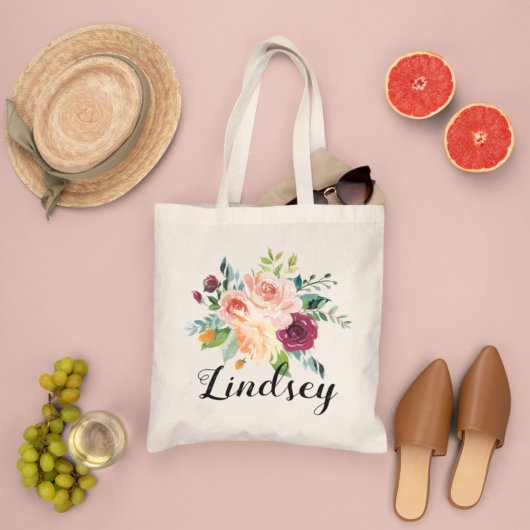 Burgundy Pink Floral Bouquet Bridesmaid Name Tote Bag