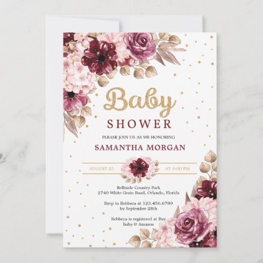 Burgundy pink floral corners gold girl baby shower kaart (Voorkant)