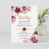 Burgundy pink floral corners gold girl baby shower kaart (Staand voorkant)