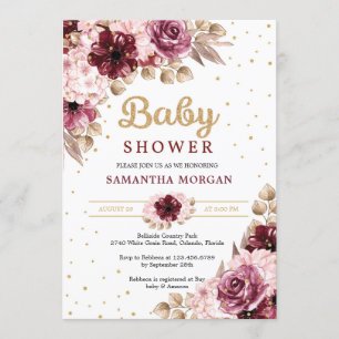 Burgundy pink floral corners gold girl baby shower kaart