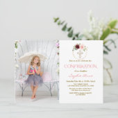 Burgundy Pink Floral Cross Girl Fotobevestiging Kaart (Staand voorkant)