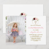 Burgundy Pink Floral Cross Girl Fotobevestiging Kaart (Voorkant / Achterkant)