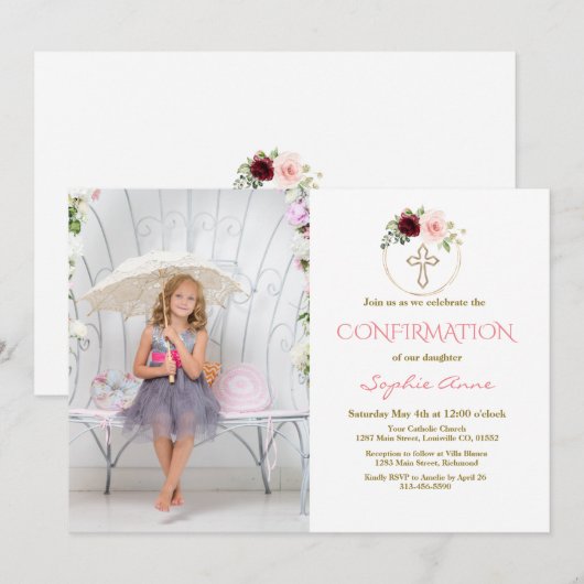 Burgundy Pink Floral Cross Girl Fotobevestiging Kaart (Voorkant / Achterkant)