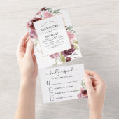 Burgundy Pink Floral Elegant Modern Wedding RSVP All In One Uitnodiging (Afscheurbaar)
