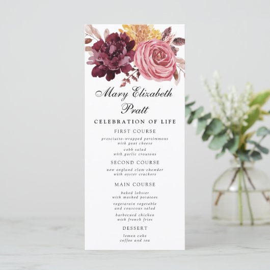 Burgundy Pink Floral Funeral Menu (Staand voorkant)