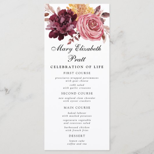 Burgundy Pink Floral Funeral Menu (Voorkant)