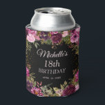 Burgundy Pink Floral Glitter Black 18th Birthday Blikjeskoeler<br><div class="desc">Elegant en romantisch roze, bordeauxrood en paarse waterverf bloemen en gebladerte op zwarte custom 18e verjaardagsfeestje koelbox met gouden glitter. Gepersonaliseerd met de naam van de eregast, haar leeftijd en haar feestdatum. Neem contact met mij op voor hulp bij uw aanpassingen of om extra matching of coördinatie van Zazzle producten...</div>