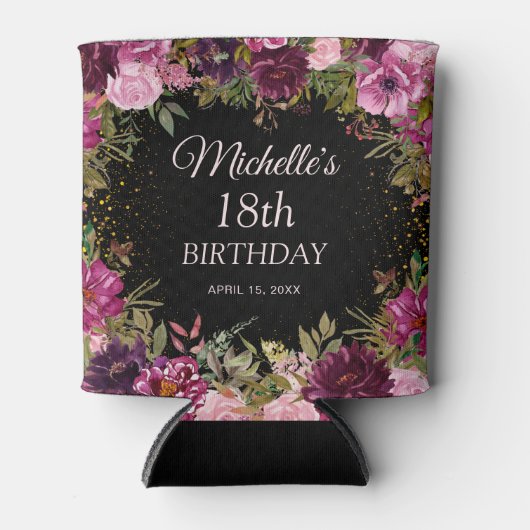 Burgundy Pink Floral Glitter Black 18th Birthday Blikjeskoeler (Voorkant)