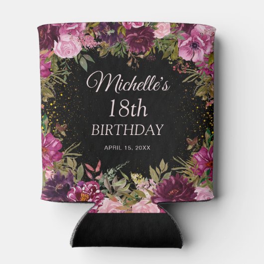 Burgundy Pink Floral Glitter Black 18th Birthday Blikjeskoeler (Achterkant)