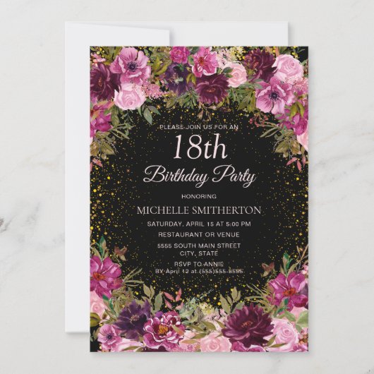 Burgundy Pink Floral Glitter Black 18th Birthday Kaart (Voorkant)