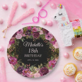 Burgundy Pink Floral Glitter Black 18th Birthday Papieren Bordje (Feest)