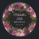 Burgundy Pink Floral Glitter Black 18th Birthday Papieren Bordje<br><div class="desc">Elegant en romantisch roze, Bourgogne en paarse waterverf flora en foliage op zwarte papieren borden van 18e verjaardag met goudglitter. Gepersonaliseerd met de naam van de gast van eer, haar leeftijd en haar feestdatum. Neem contact met mij op voor hulp bij uw aanpassingen of om extra overeenkomende of coördinerende Zazzle-producten...</div>