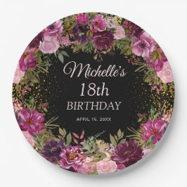 Burgundy Pink Floral Glitter Black 18th Birthday Papieren Bordje