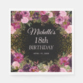 Burgundy Pink Floral Glitter Black 18th Birthday Servet (Voorkant)