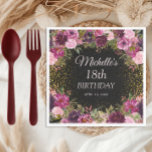 Burgundy Pink Floral Glitter Black 18th Birthday Servet<br><div class="desc">Elegant en romantisch roze, Bourgogne en paarse waterverf bloemen en foliage op zwarte, op maat gemaakte 18e verjaardagsartikelen met goudglitter. Gepersonaliseerd met de naam van de gast van eer, haar leeftijd en haar feestdatum. Neem contact met mij op voor hulp bij uw aanpassingen of om extra overeenkomende of coördinerende Zazzle-producten...</div>