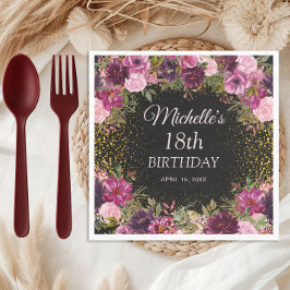 Burgundy Pink Floral Glitter Black 18th Birthday Servet
