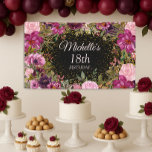 Burgundy Pink Floral Glitter Black 18th Birthday Spandoek<br><div class="desc">Elegant en romantisch roze, bordeaux en paarse waterverf bloemen en gebladerte op zwart custom 18e verjaardagsfeestbanner met gouden glitter. Gepersonaliseerd met de naam van de eregast en haar leeftijd. Neem contact met mij op voor hulp bij uw aanpassingen of om extra matching of coördinatie van Zazzle producten voor uw feest...</div>