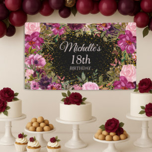 Burgundy Pink Floral Glitter Black 18th Birthday Spandoek