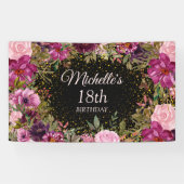 Burgundy Pink Floral Glitter Black 18th Birthday Spandoek (Horizontaal)