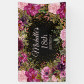 Burgundy Pink Floral Glitter Black 18th Birthday Spandoek (Verticaal)