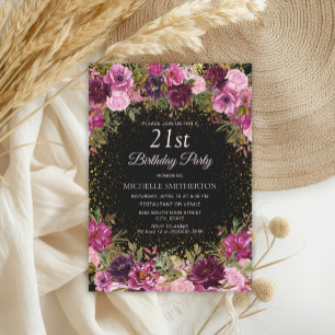 Burgundy Pink Floral Glitter Black 21st Birthday Kaart