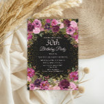 Burgundy Pink Floral Glitter Black 30th Birthday Kaart<br><div class="desc">Elegant en romantisch roze,  Bourgogne en paarse waterverf  bloemen en foliage op uitnodiging van een op maat gesneden 30e verjaardagsfeest met gouden glitter. Gepersonaliseerd met de naam van de gast op erewoord.</div>