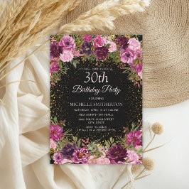 Burgundy Pink Floral Glitter Black 30th Birthday Kaart