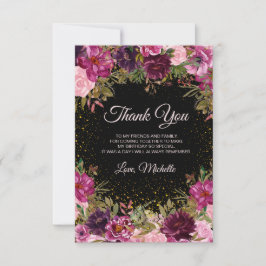 Burgundy Pink Floral Glitter Black Birthday Bedankkaart