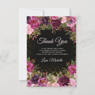 Burgundy Pink Floral Glitter Black Birthday Bedankkaart
