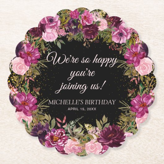 Burgundy Pink Floral Glitter Black Birthday Kartonnen Onderzetters (Voorkant)