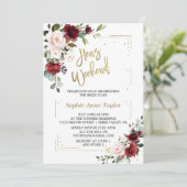 Burgundy Pink Floral Gold Bachelorette Weekend Kaart (Staand voorkant)
