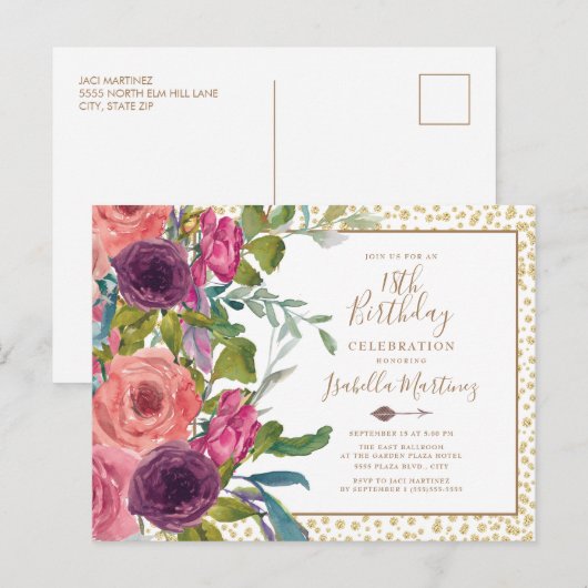 Burgundy Pink Floral Gold Glitter 18th Birthday Uitnodiging Briefkaart (Voorkant / Achterkant)