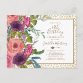 Burgundy Pink Floral Gold Glitter 18th Birthday Uitnodiging Briefkaart (Voorkant)