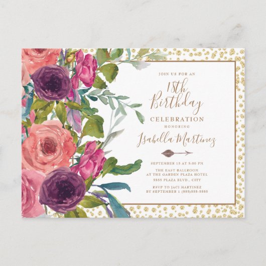 Burgundy Pink Floral Gold Glitter 18th Birthday Uitnodiging Briefkaart (Voorkant)