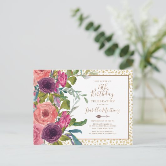 Burgundy Pink Floral Gold Glitter 18th Birthday Uitnodiging Briefkaart (Staand voorkant)