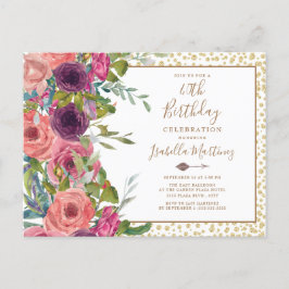 Burgundy Pink Floral Gold Glitter 40e verjaardag Uitnodiging Briefkaart