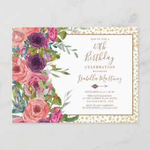 Burgundy Pink Floral Gold Glitter 40e verjaardag Uitnodiging Briefkaart