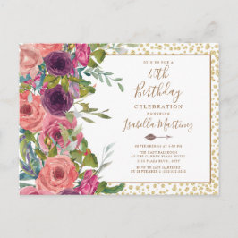 Burgundy Pink Floral Gold Glitter 40e verjaardag Uitnodiging Briefkaart