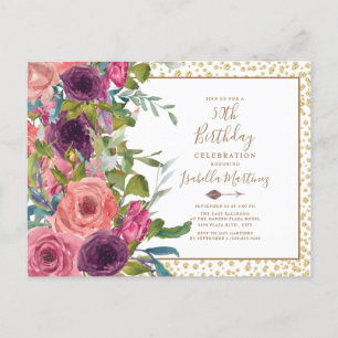 Burgundy Pink Floral Gold Glitter 50e verjaardag Uitnodiging Briefkaart