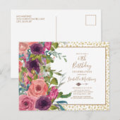 Burgundy Pink Floral Gold Glitter 60e verjaardag Uitnodiging Briefkaart (Voorkant / Achterkant)